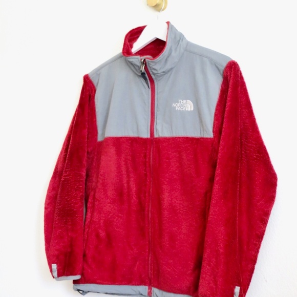 The North Face Osito Fleece Full Zip Jacket Fuzzy Fleece Red Gray SZ 12-14 Large - Picture 2 of 6